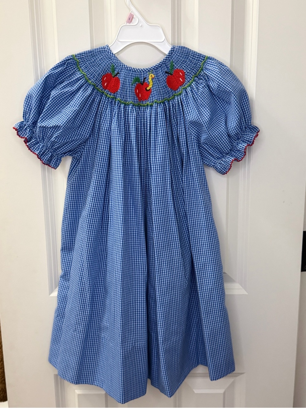 Source Unknown Blue Gingham Dress with Red Apple Smocking